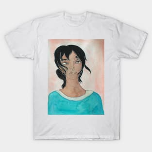 Girl black hair watercolour portrait T-Shirt